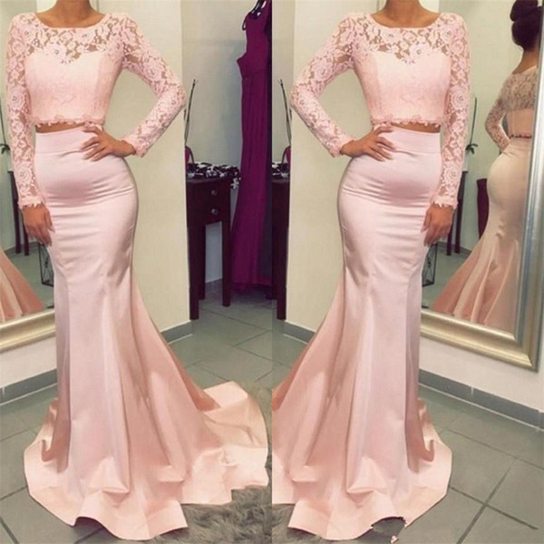 Mermaid Evening Dresses Long Formal Two Piece Prom Dress Long Sleeve Lace Appliques Top Ladies Party Gowns Newest robe de soiree