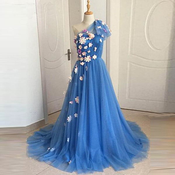 Light sky blue prom dress new one shoulder 3d flower tulle evening dresses elegant princess dress