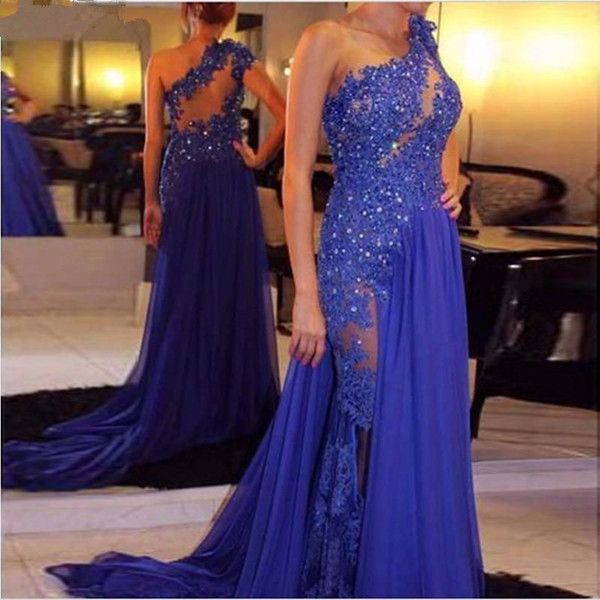 Royal Blue Evening Dresses Plus Size Customize Prom Dress One Shoulder Sleeveless Over Skirt Sheer Beaded Ladies Party Gowns robe de soiree