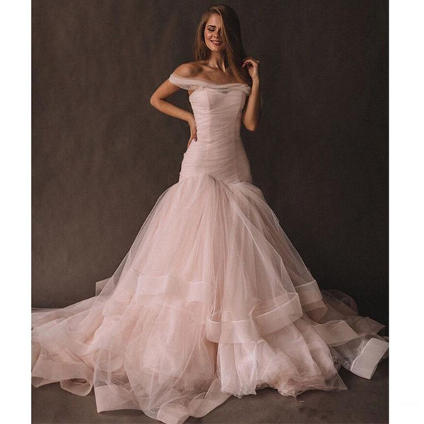 Pink Tulle Mermaid Evening Dresses Off Shoulder Ladies Women Dresses Tiered Skirt Vintage Party Prom Gown robe de soiree