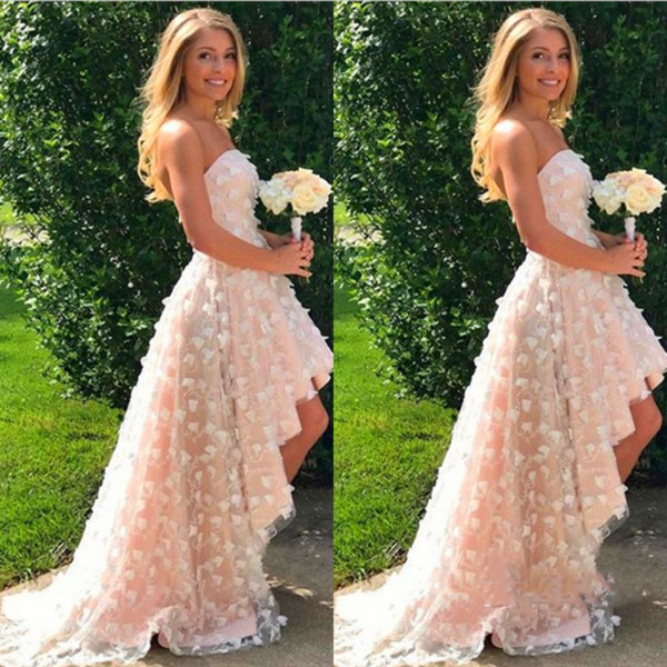 light pink Hi-low prom dresses strapless evening dress lace appliques elegant party gowns for special occasion