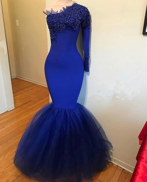 Royal blue evening dress lace appliques mermaid prom gowns one shoulder evening gowns for women floor length