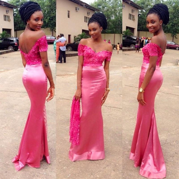 Pink lace appliques prom dresses floor length mermaid evening dress off the shoulder party gowns black girl