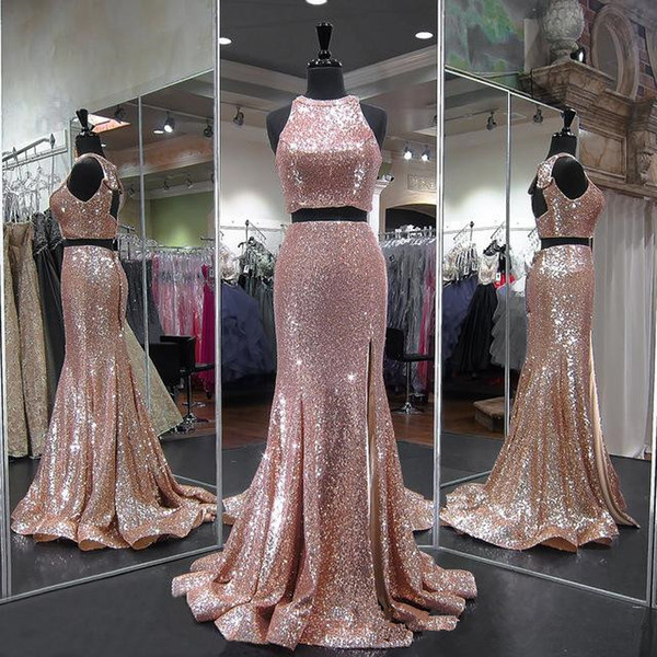 Sequins prom dresses floor length mermaid evening dress sleeveless two pieces elegant party gowns for special occasion