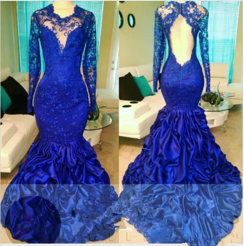 Long sleeves blue evening dresses mermaid elegant lace evening prom dresses backless custom made gowns