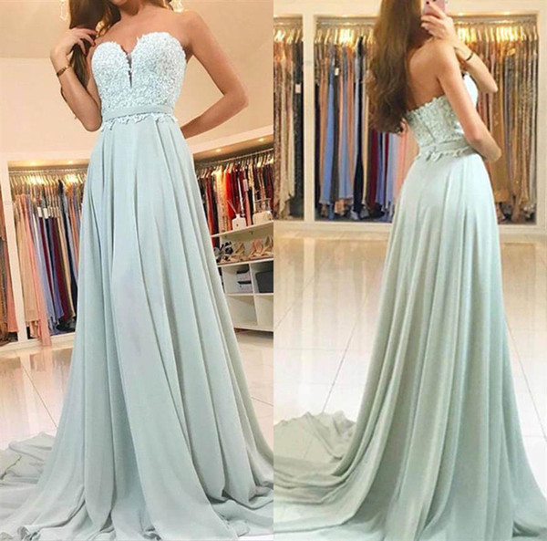 Sage strapless prom dresses lace appliques top evening dress with sashes A line elegant party gowns cheap