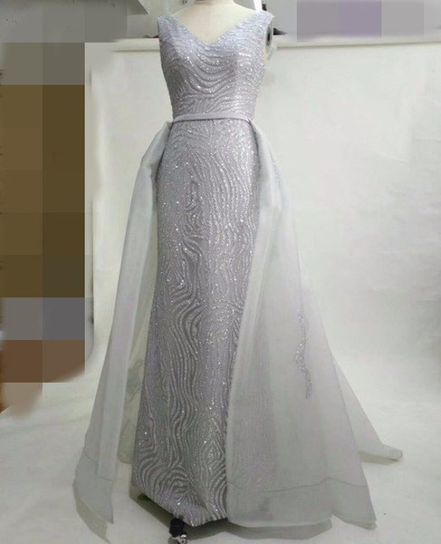 Silver evening dresses with detachable skirt V neck arabic dresses organza train stunning woman formal evening prom gowns