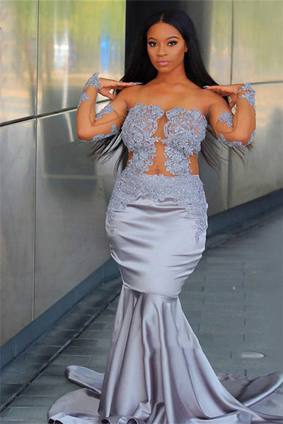 Grey evening dress plus size lace appliques hollow mermaid prom dresses sweep train off the shoulder evening gowns for women