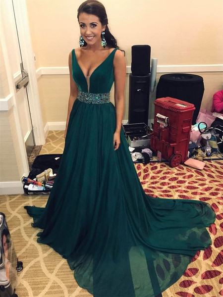 Dark Green V Neckline Sashes Evening Dresses Chiffon Customize Sleeveless Prom Dress Beaded Train Sexy Ladies Party Gowns robe de soiree