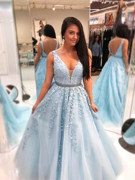 light sky blue prom dresses deep v neck evening gowns lace appliques tulle party dress with sashes