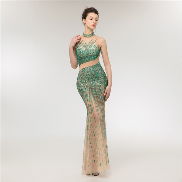 Sexy evening dresses high neck see through beaded mermaid prom dresses robes de soirée vestidos de fiesta