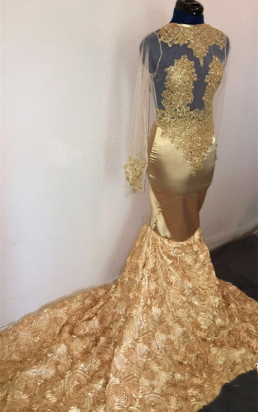 Gold evening dress 3d flower lace appliques hollow mermaid prom dresses sweep train evening gowns for women