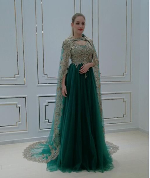 Green arabic evening gowns woman muslim long sleeve evening dresses with long bolero gold appliques dresses prom