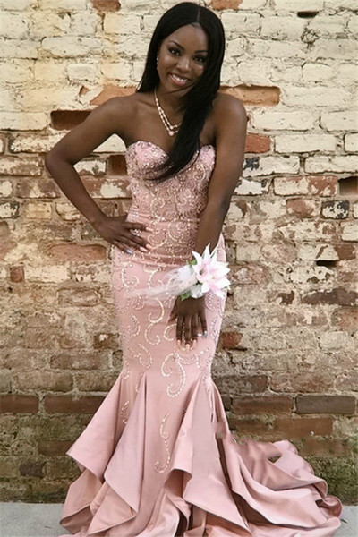 light pink mermaid prom dresses strapless evening dress lace appliques black girl party gowns plus size