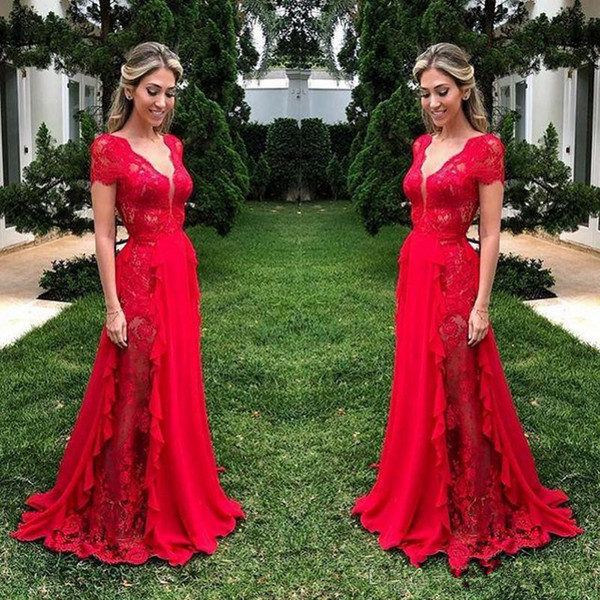 Red Lace Prom Dresses Deep V Neck A Line Evening Gowns Floor Length Formal Party Dress Cheap