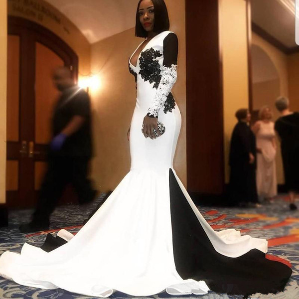 White and Black Mermaid Evening Dresses Full Sleeve Queen Evening Dresses Vintage Luxury Beaded Prom Gown robe de soiree