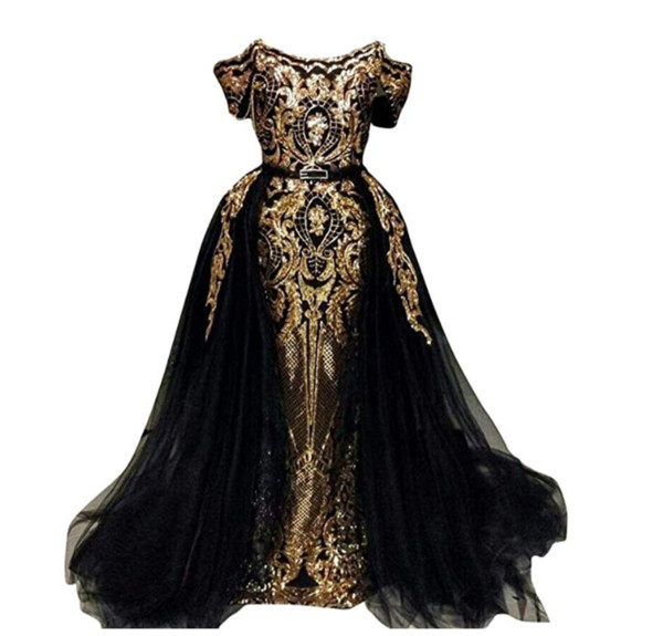 Gold Black Evening Dress Formal Over Skirt Evening Dresses Off Shoulder Appliques Party Cocktail Gown New Arrival vestido gala