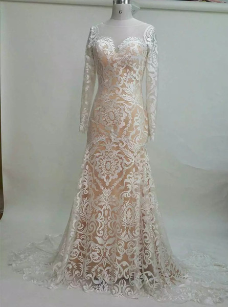 White lace Long Sleeve evening dresses sexy elegant sheer beck champagne based woman formal evening gowns