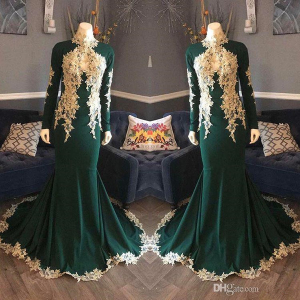 High neck long sleeves evening dresses green mermaid arabic woman formal evening gowns party prom dresses