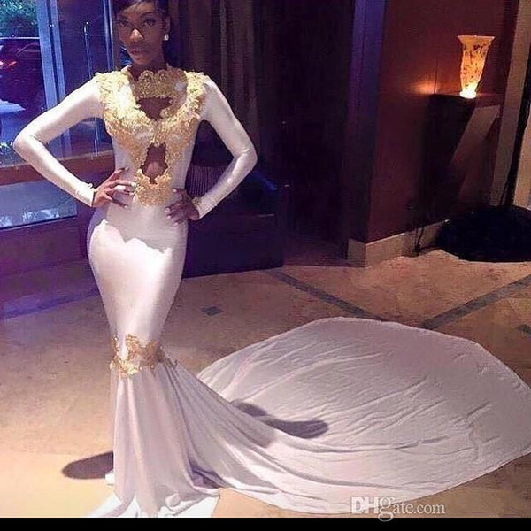 Gold lace mermaid evening dresses long sleeves sexy white color long tail arabic woman evening prom gowns