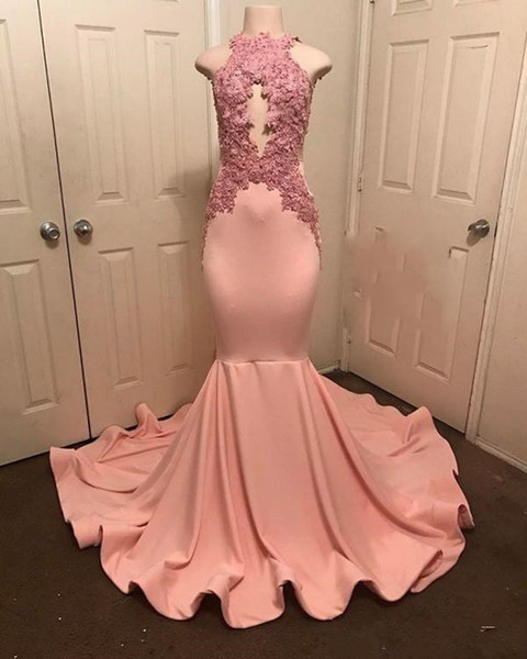 Arabic Evening Dresses Backless Mermaid sexy cheap pink appliques custom made woman halter prom dresses