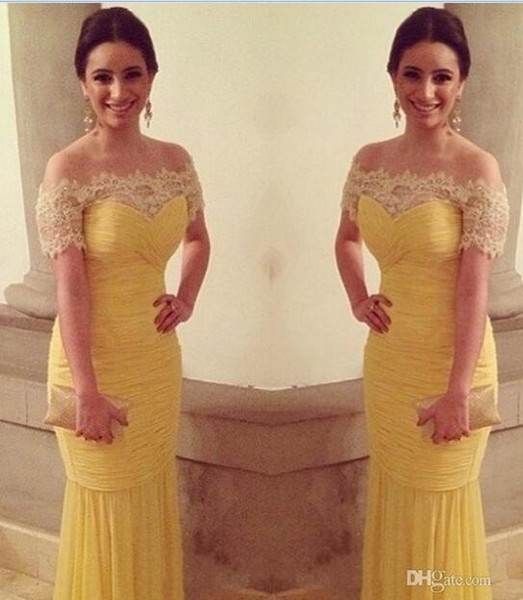 Yellow sheath woman evening gowns long elegant off the shoulder short lace sleeve evening dresses new arrival