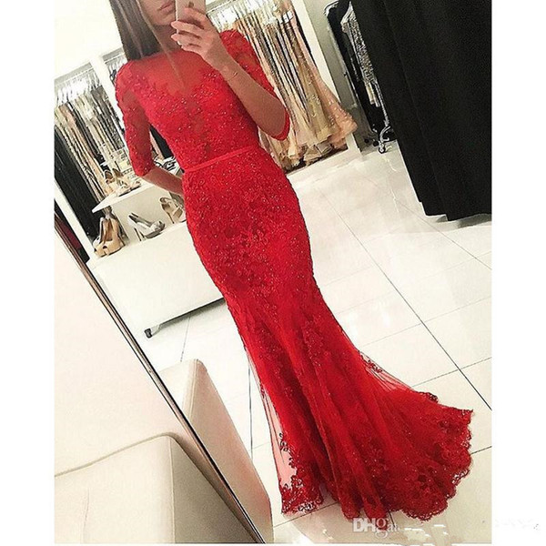 Red Weddings Guest Evening Dresses Half Sleeves Mermaid Tulle Appliqued Lace Sheer Prom Party Gowns Elegant