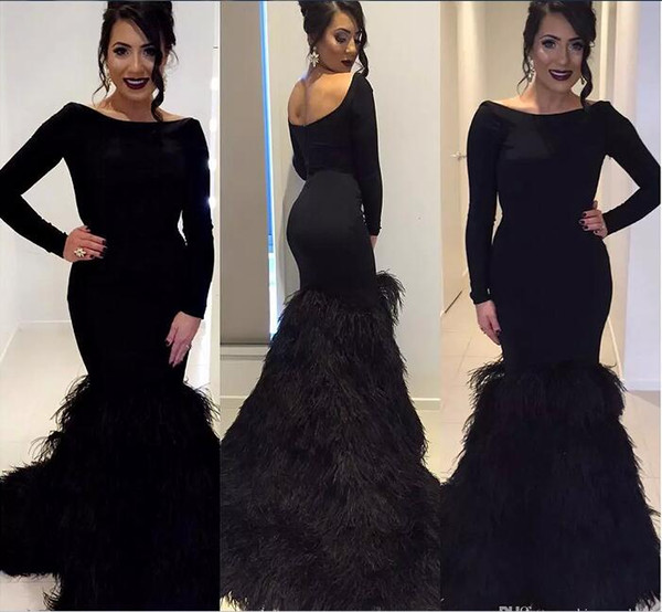 Black Feathers Evening Dresses with long sleeve Slim Mermaid Prom Gown Party Dress Special Occasion Custom Made Crew Neck