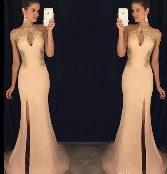 Halter champagne evening dresses side split long chiffon sexy appliques formal woman evening gowns new arrival prom dresses