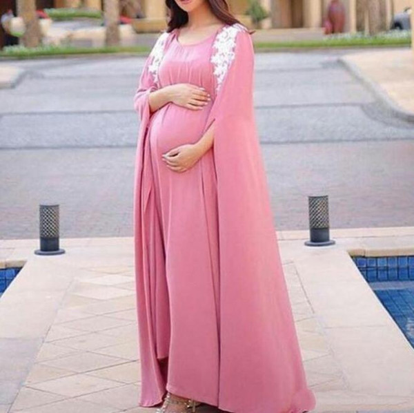 Arabic Pregnant Evening Dresses With Appliques Long Pink Formal Gowns robe marocaine caftan chiffon elegant evening gowns