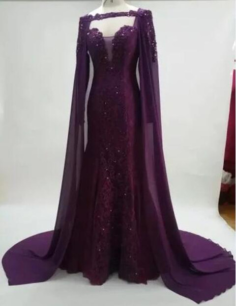 Purple evening dresses with cape long sleeve african evening gowns real picture factory high quality woman formal dresses