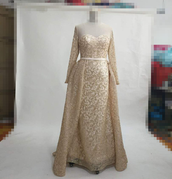 Gold evening dresses sequins luxury lace fabric long sleeve sheer neck arabic dresses designer prom dresses custom made