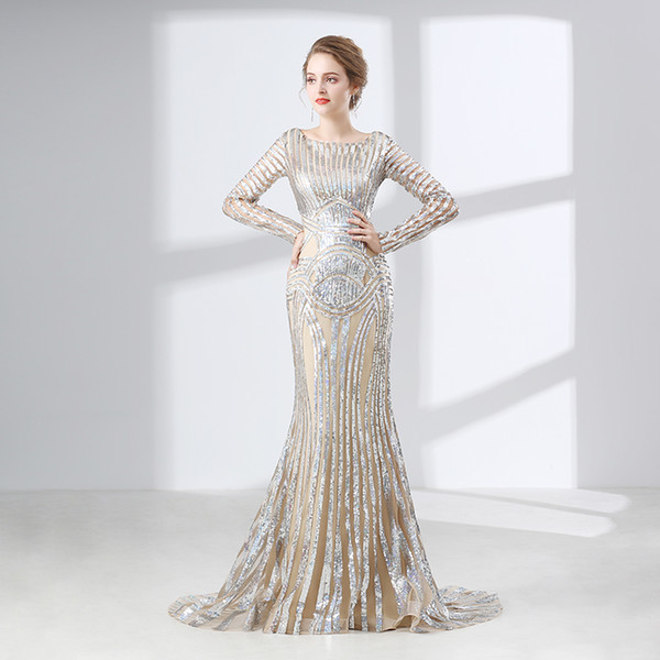 Champagne Long sleeve evening gowns mermaid luxury zuhair murad woman evening dresses arabic dress long