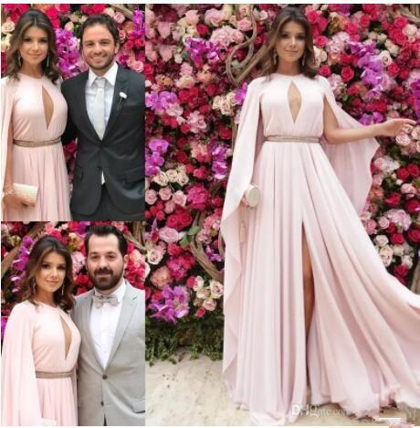 Modest Pink Chiffon Formal Evening Dresses Dubai Kaftan With Wrap Sexy Split Long Arabic Prom Dress Vestidos Festa Red carpet dresses