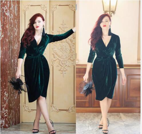 Emerald Green Velvet Evening Dresses Knee Length Charming Party Cocktail Dress Long Sleeves Deep V Neck Woman prom dresses