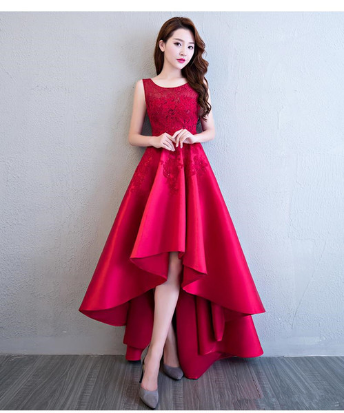 Elegant Formal Evening Dresses Red High Low Cocktail Party Dresses Applique Satin For 16 Sweet Girls Skirt Cheap Prom Gowns Q32