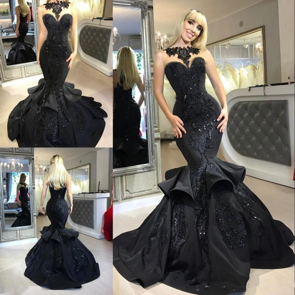 African Mermaid Evening Dresses Dubai Arabic Black Mermaid Prom Dresses Beads Sequined Ruffles Floor Length Applique Formal Party Dress Z60