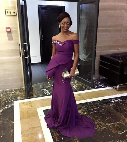 Eleagnt Purple African Mermaid Evening Parrty Dresses Prom Dress Sweep Train Beaded Long Formal Party Gowns Off the Shoulder Customize