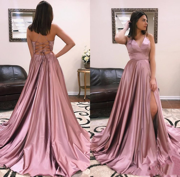 Pink Party Dress V Neck Halter Evening Dresses Prom Dress Criss Cross Straps Back Formal Evening Gowns Side Split Occasion Dresses