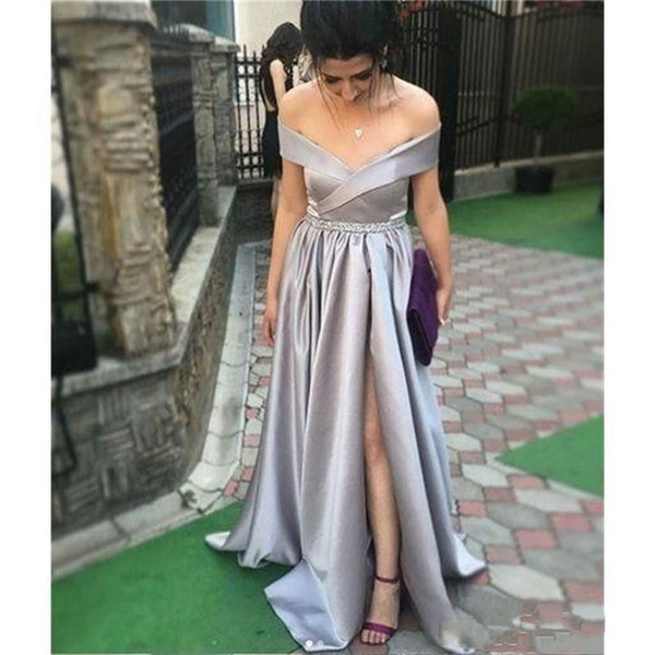 Sliver Evening Dresses New A Line Long Prom Dresses New Off The Shoulder Split Side Floor Length Ruffles Formal Party Gowns M45