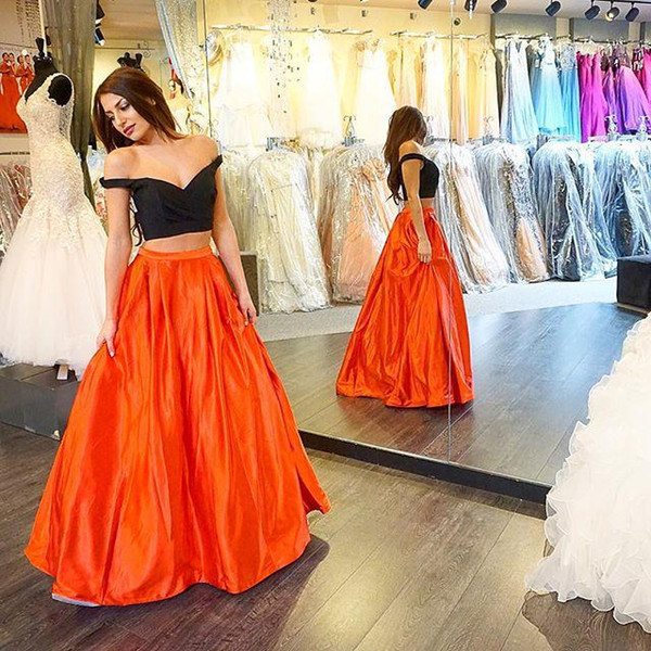 Two Pieces Prom Dresses Black And Orange Floor-Length Sweetheart Evening Dresses Piping Fashion Backless Party Formal Cocktail Gown M28