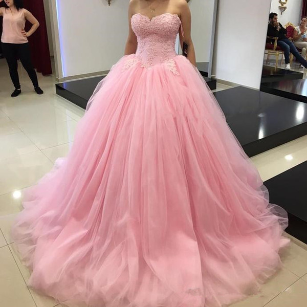 Princess Evening Dresses Ball Gown Quinceanera Dresses Pink Sweet 16 Party skirt Sweetheart Ruffles Plus Size Girls Prom Dresses Q144