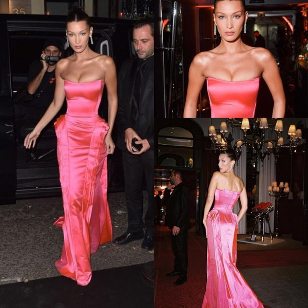 New Evening Dresses Hot Pink Strapless Prom Dresses Modest Ruffles Skirt Full length Red Carpet Celebrity Dress Evening Party Gown Q63