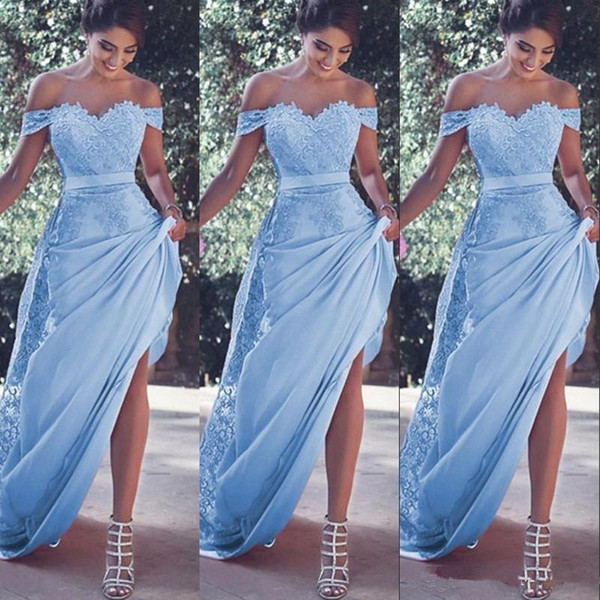 Light Blue Mermaid Prom Dresses Off The Shoulder Lace Appliques Sash Sweep Train Party Dress Dubai Arabia Formal Evening Dresses Z20