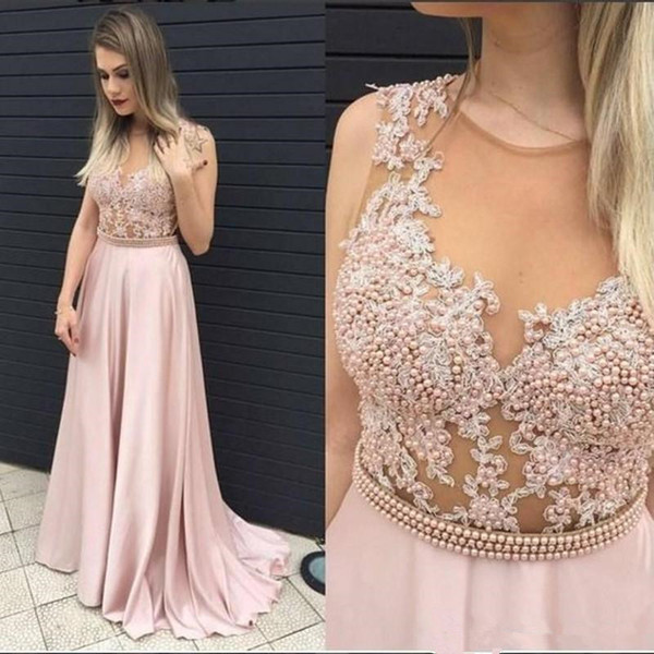 Light Blush Pink Long Prom Dresses with Pearls Sheer Zipper Back Formal Prom Evening Gowns Floor Length Party Dress Z39