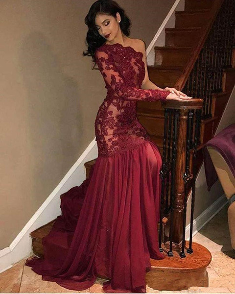 New Mermaid One Long Sleeve Prom Dresses with Lace Applique Chiffon Sweep Evening Dresses Formal Celebrity Gowns Party Dresses A31