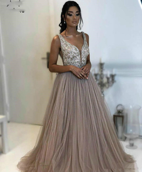 A Line Long Evening Dresses Deep V Neck Tulle Formal Women Prom Dresses Wear Party Gowns Plus Size Custom Made Robe De Soiree Q42