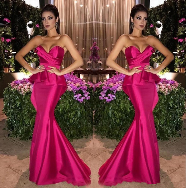 Charming Fuchsia Satin Mermaid Evening Dresses Ruched Peplum Floor Length Formal Prom Dresses Long Arabic Sweetheart Party Gowns Z143