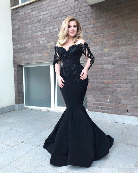 Sparkling Black Long Sleeve Mermaid Evening Dresses Beaded Saudi Arabi Vestidos Party Gowns New Plus Size Prom Dresses Z95