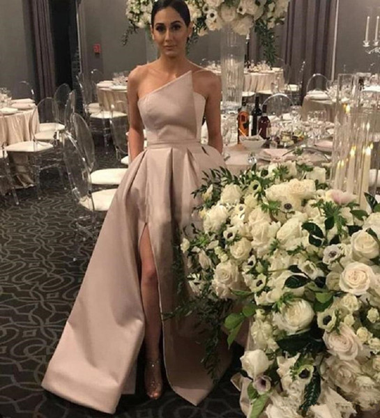 Arabic Elegant Evening Dresses Plus Size Long Prom Dresses A Line High Split Long Satin Simple Formal Party Gowns robes de soiree